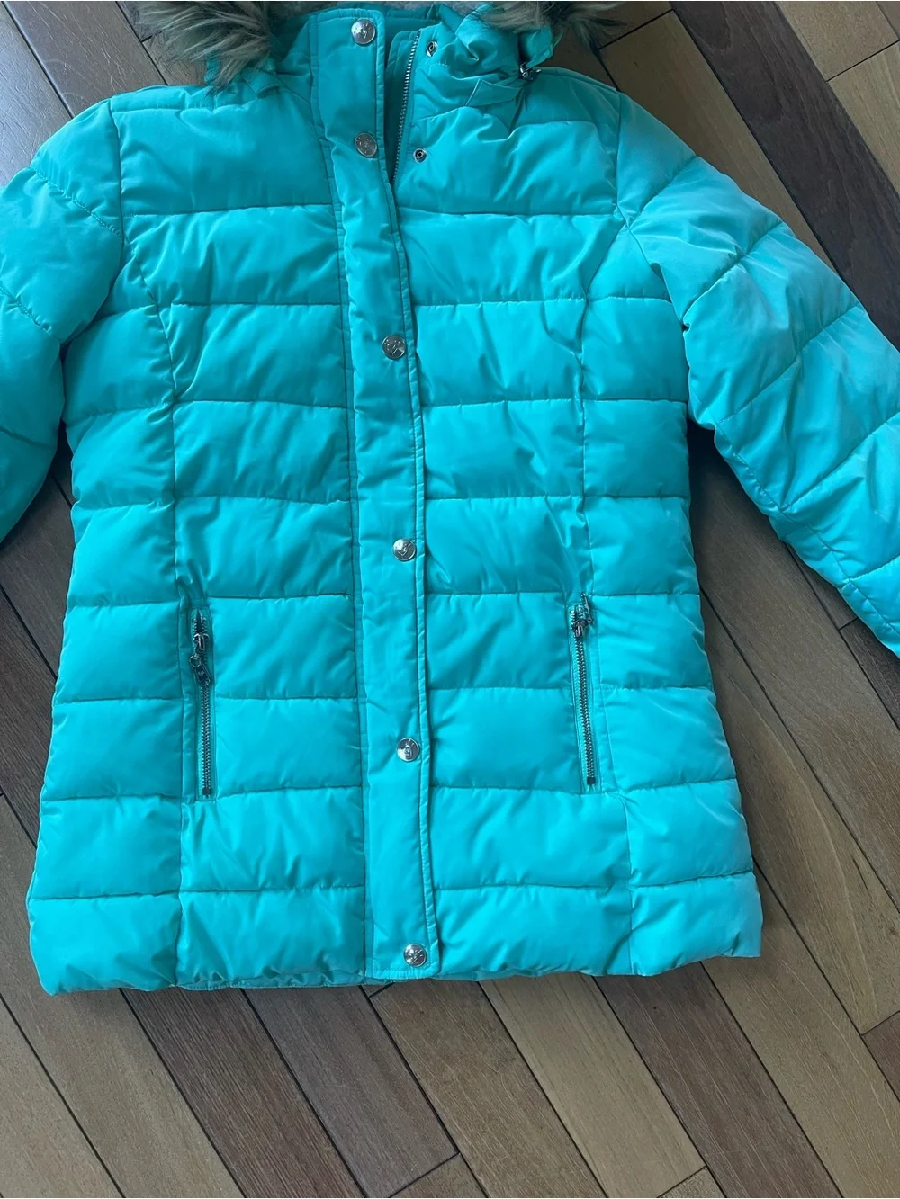 Justice Girls Aqua Faux Fur Hooded Puffer Winter Coat Size 12/14
